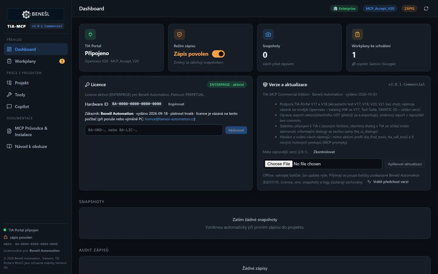 Übersicht: Verbindung zu TIA Portal, Schreibsperre, Sicherungen, Lizenz und Updates