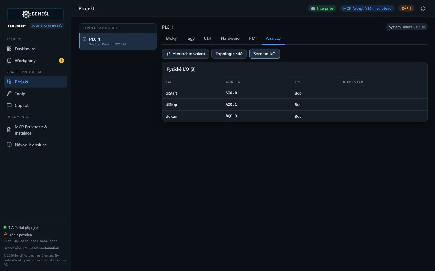 Projektbrowser: Bausteine, Variablen, UDTs, Hardware, HMI und Analysen
